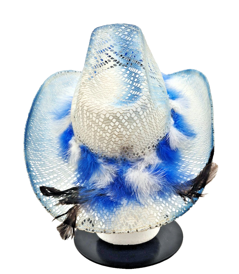 Custom Blue Feather Cowgirl Hat Straw Western Festival Wear Boho Size 7 Vintage